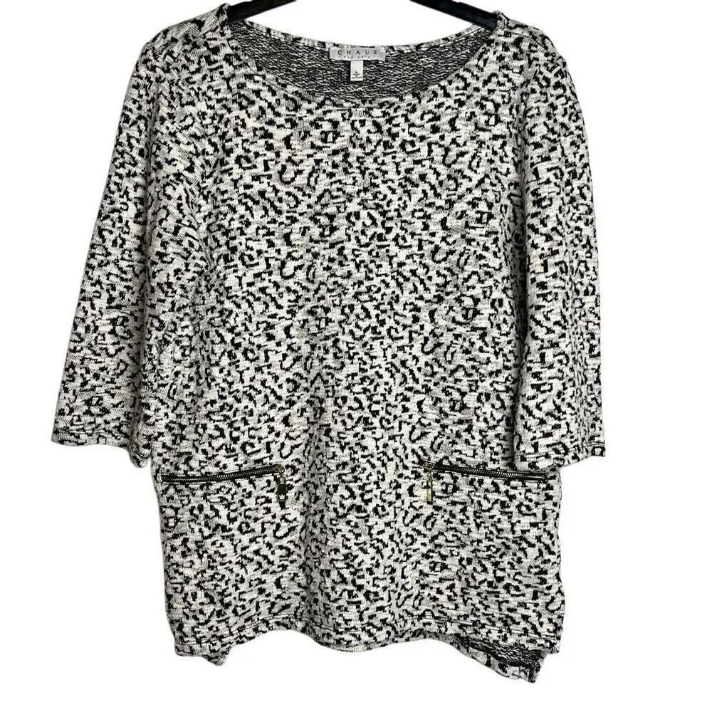 Chaus New York Black White Front Zip Pocket Sweater Large